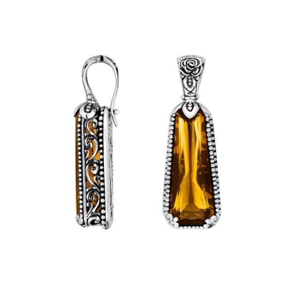 Sterling Silver Tapered Pendant With Citrine Quartz And Antique Floral Bali Detailing