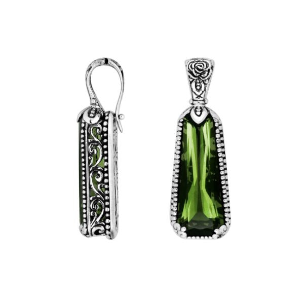 Sterling Silver Tapered Pendant With Green Amethyst Quartz And Antique Floral Bali Detailing
