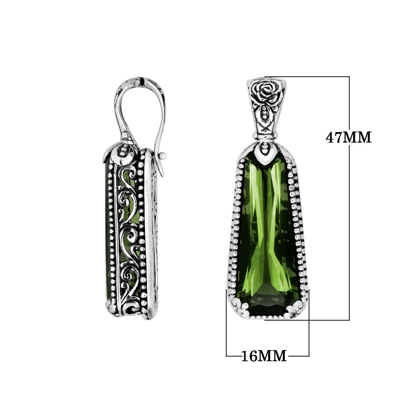 Sterling Silver Tapered Pendant With Green Amethyst Quartz And Antique Floral Bali Detailing