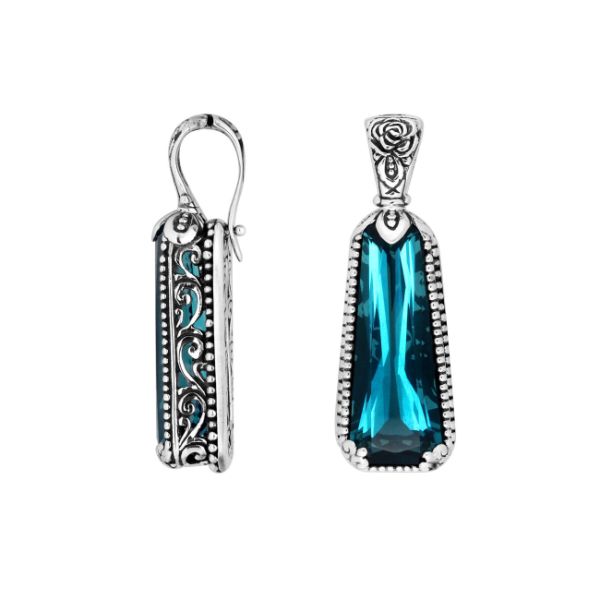 Sterling Silver Tapered Pendant With London Blue Topaz Quartz And Antique Floral Bali Detailing