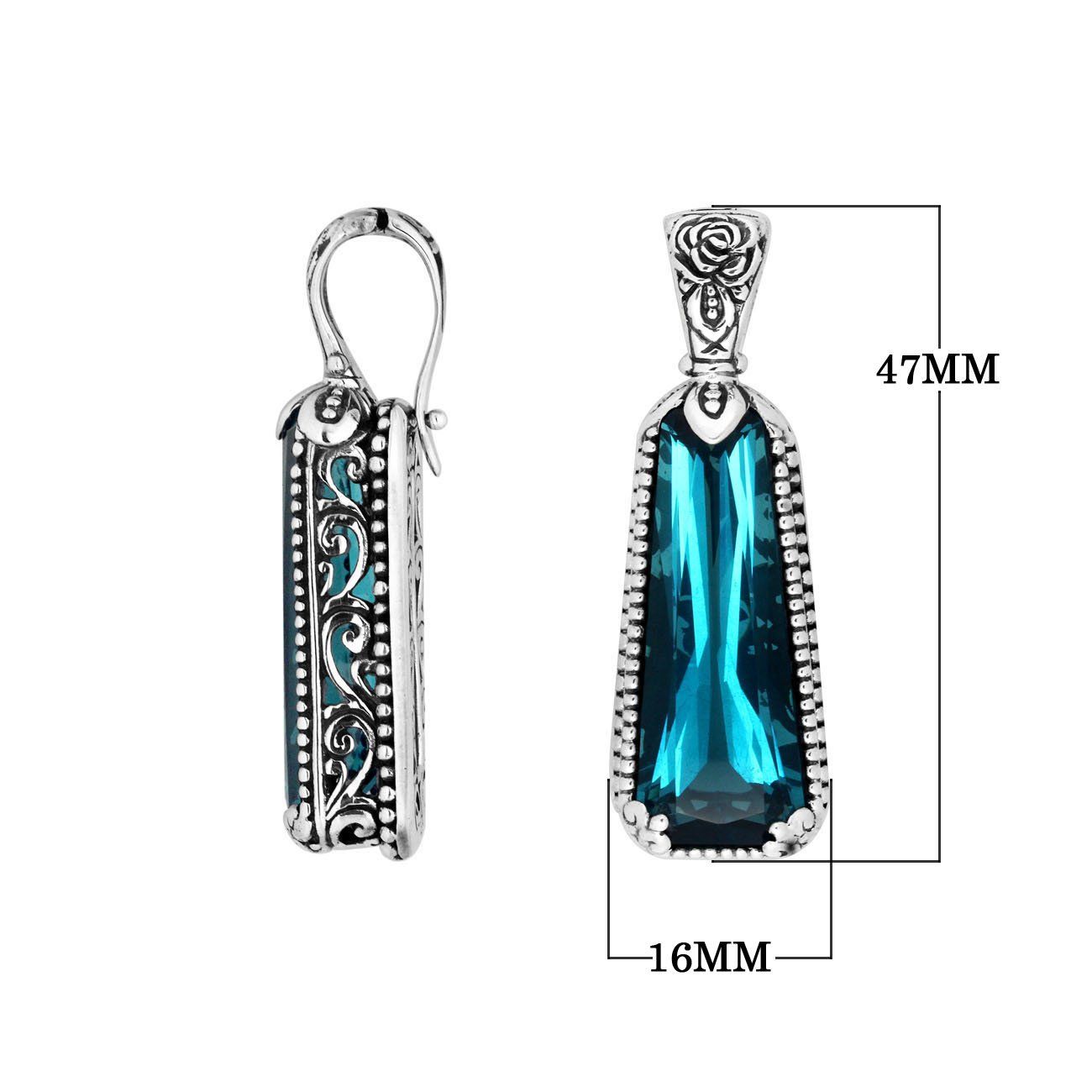Sterling Silver Tapered Pendant With London Blue Topaz Quartz And Antique Floral Bali Detailing