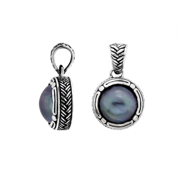 Sterling Silver Round Pendant With Gray Pearl And Antique Rope Detailing