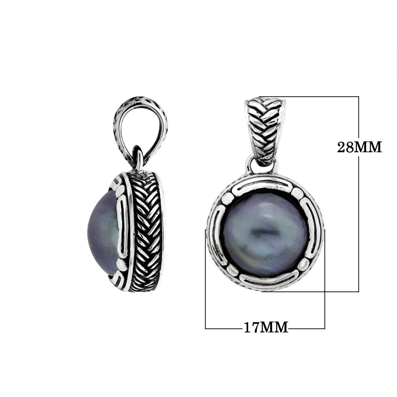 Sterling Silver Round Pendant With Gray Pearl And Antique Rope Detailing