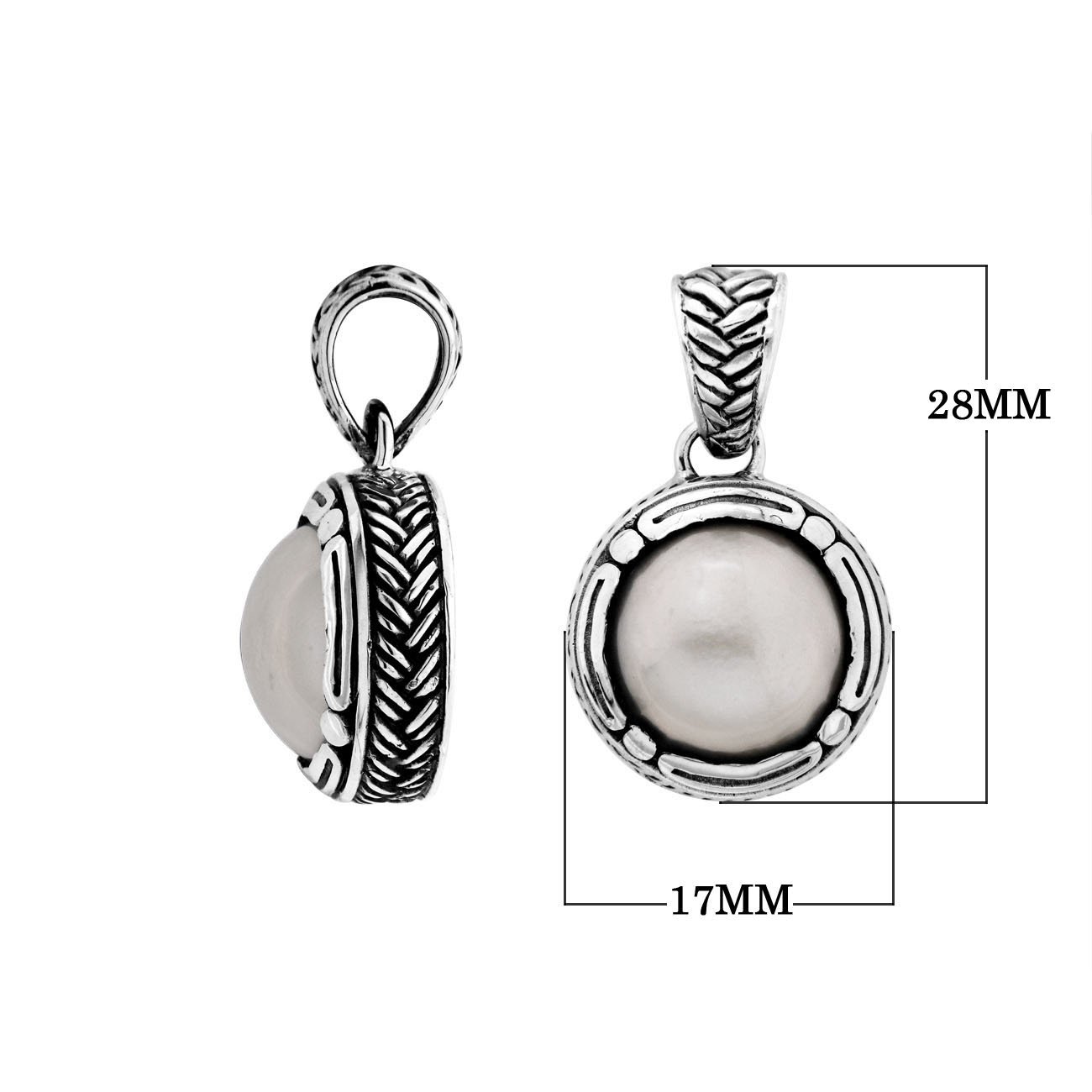Sterling Silver Round Pendant With White Pearl And Antique Rope Pattern
