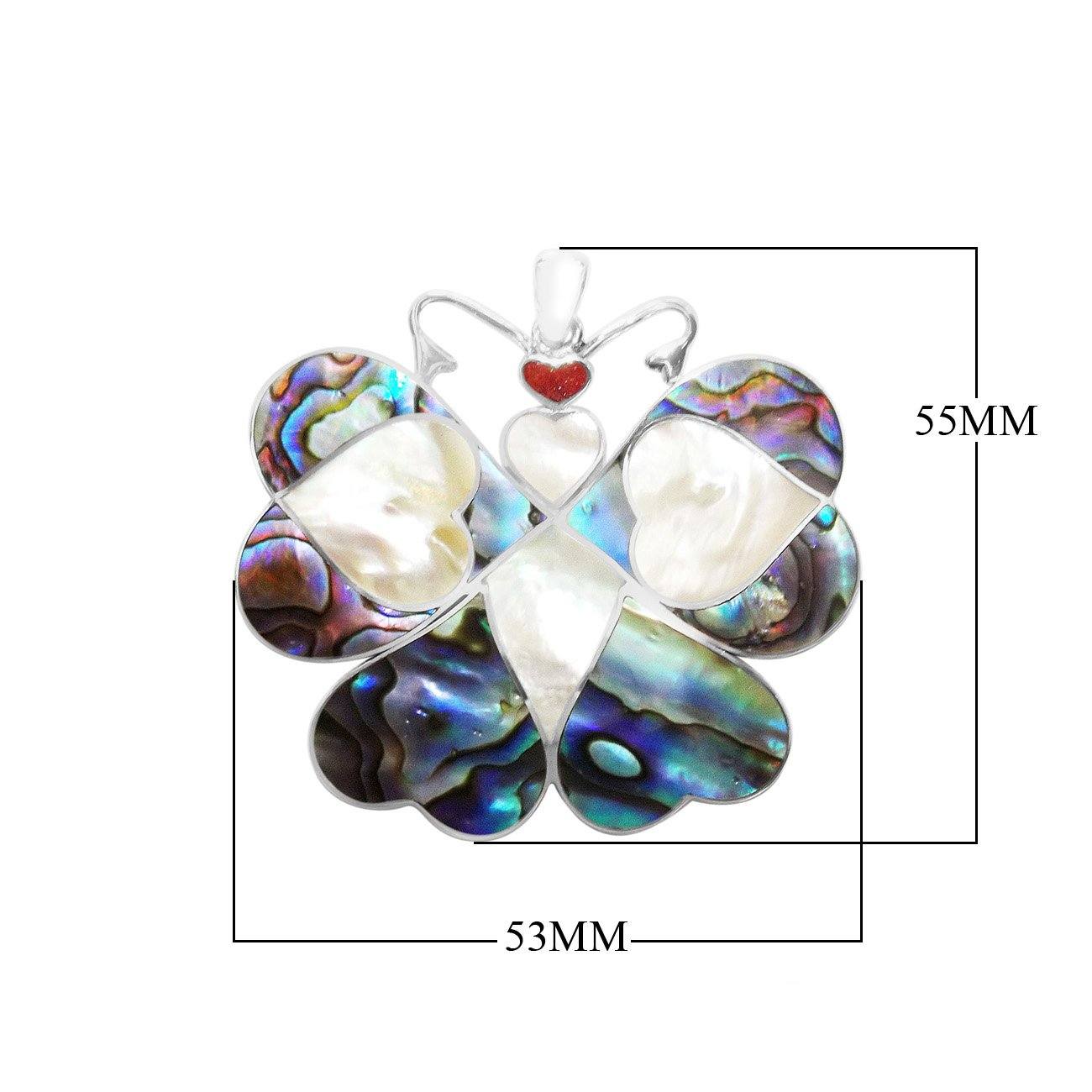 Sterling Silver Butterfly Pendant With Abalone Shell, Coral, And Mother Of Pearl