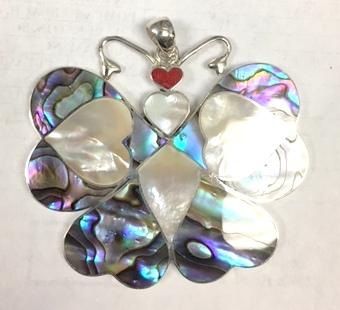 Sterling Silver Butterfly Pendant With Abalone Shell, Coral, And Mother Of Pearl