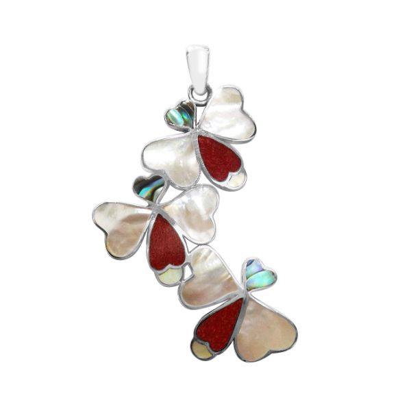 Sterling Silver Triple Butterfly Pendant With Abalone Shell, Coral, And Mother Of Pearl
