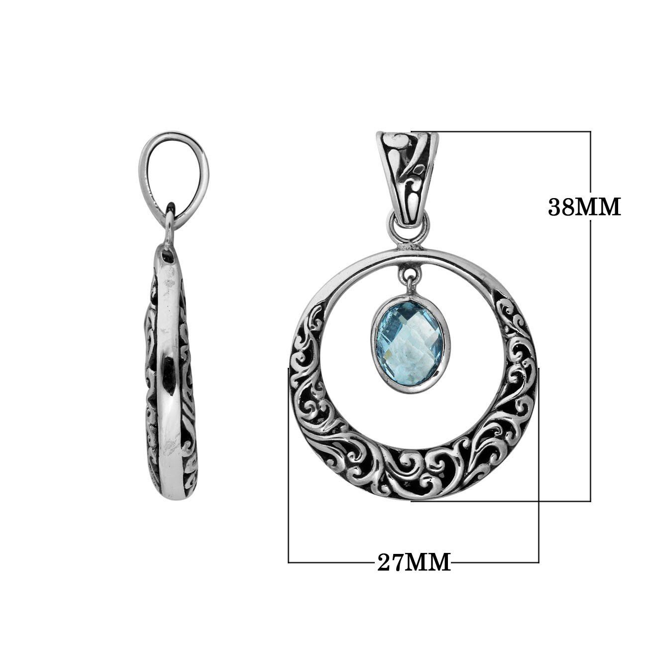 Sterling Silver Filigree Circle Pendant With Blue Topaz Quartz