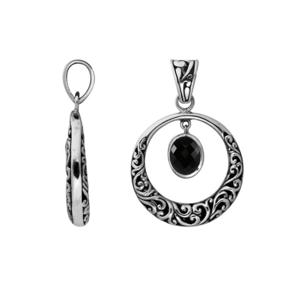 Sterling Silver Filigree Circle Pendant With Black Onyx