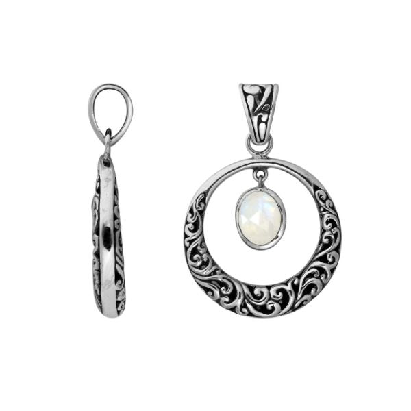 Sterling Silver Filigree Circle Pendant With Rainbow Moonstone