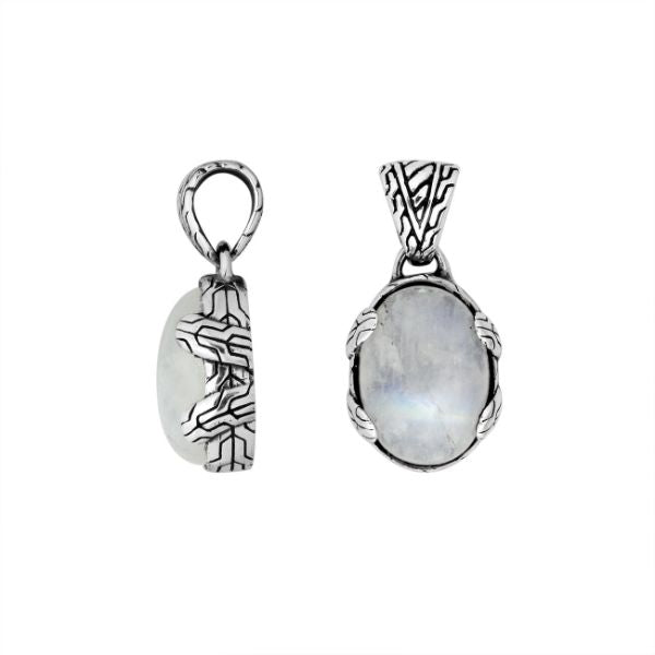 Sterling Silver Tribal Oval Pendant With Rainbow Moonstone