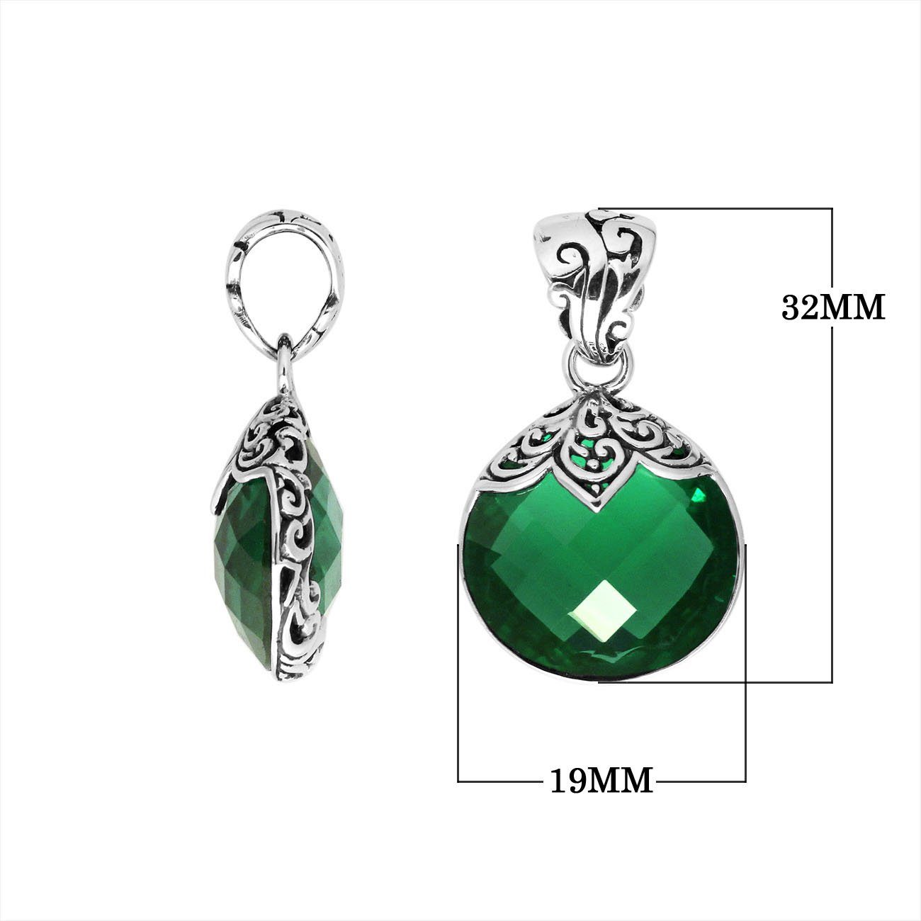 Sterling Silver Round Filigree Pendant With Green Quartz Stone