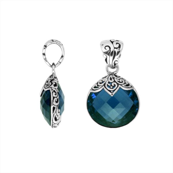 Sterling Silver Round Filigree Pendant With London Blue Topaz Quartz Stone