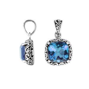 Sterling Silver Cushion Shape Pendant With Blue Topaz Quartz Stone