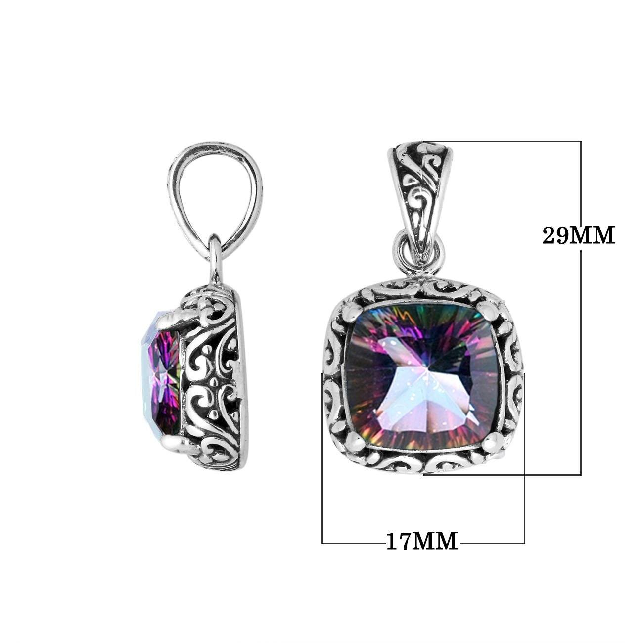 Sterling Silver Pendant With Cushion Cut Mystic Quartz Stone And Filigree Design