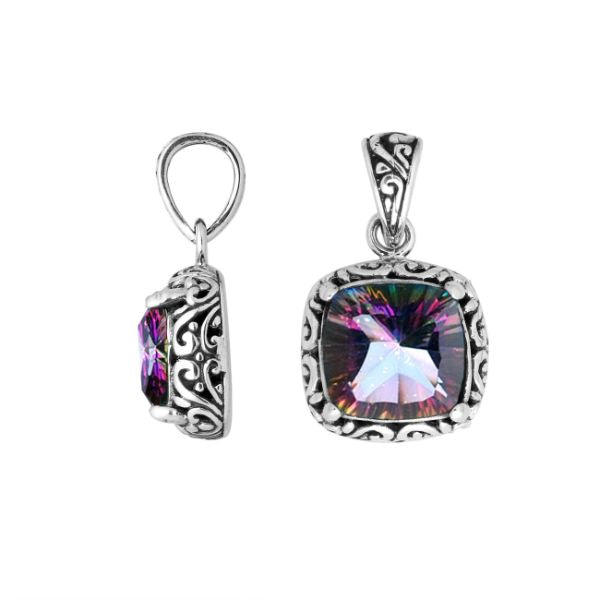 Sterling Silver Pendant With Cushion Cut Mystic Quartz Stone And Filigree Design