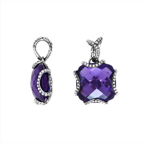 Sterling Silver Pendant With Faceted Amethyst Quartz Stone And Beaded Edge Design