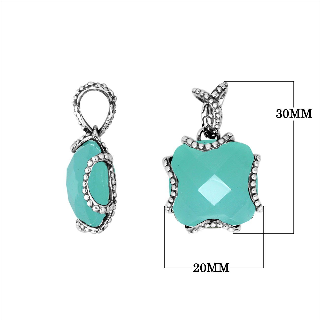 Sterling Silver Pendant With Faceted Green Chalcedony Quartz Stone And Beaded Edge Design