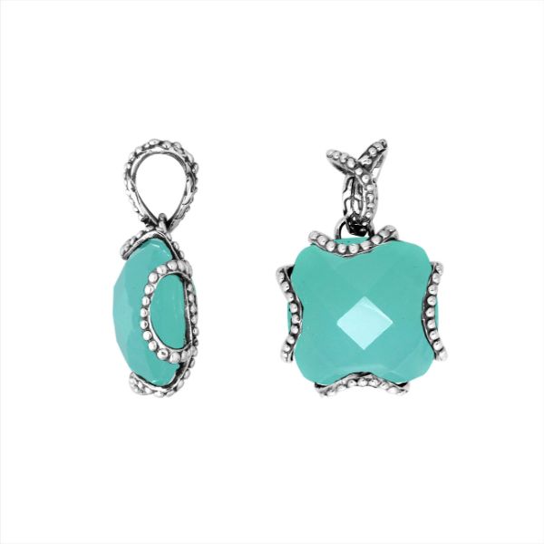 Sterling Silver Pendant With Faceted Green Chalcedony Quartz Stone And Beaded Edge Design
