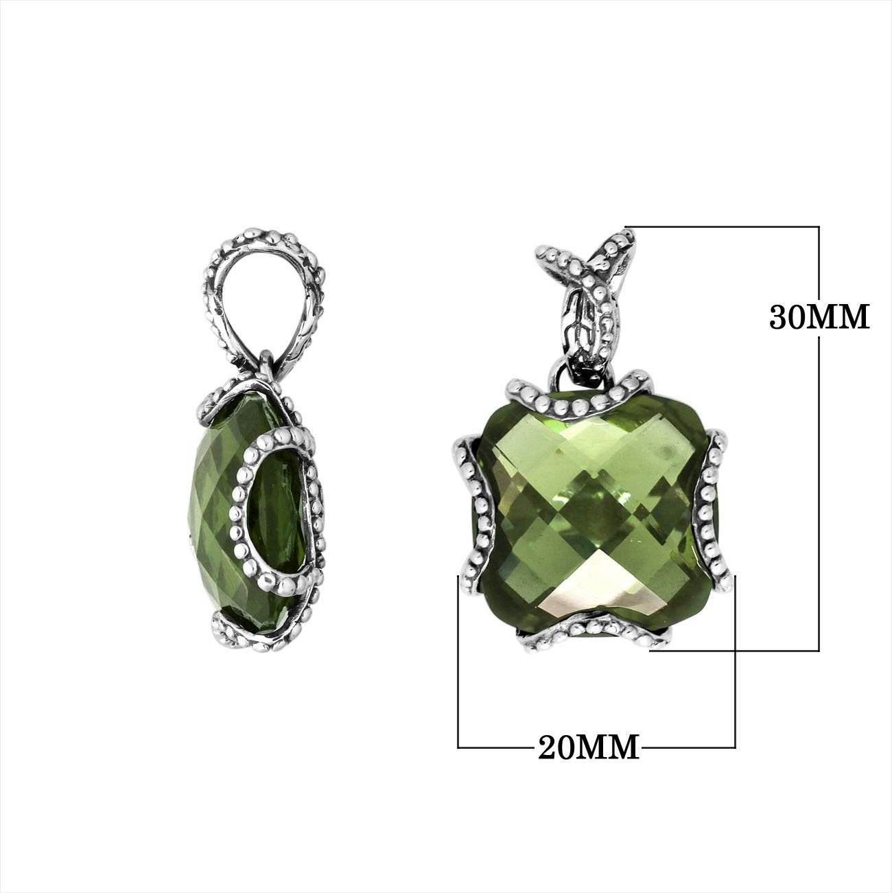 Sterling Silver Pendant With Faceted Green Amethyst Quartz Stone And Beaded Edge Design