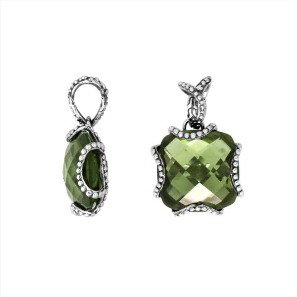 Sterling Silver Pendant With Faceted Green Amethyst Quartz Stone And Beaded Edge Design