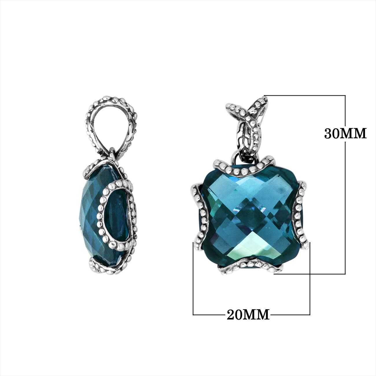 Sterling Silver Pendant With Faceted London Blue Topaz Quartz Stone And Beaded Edge Design