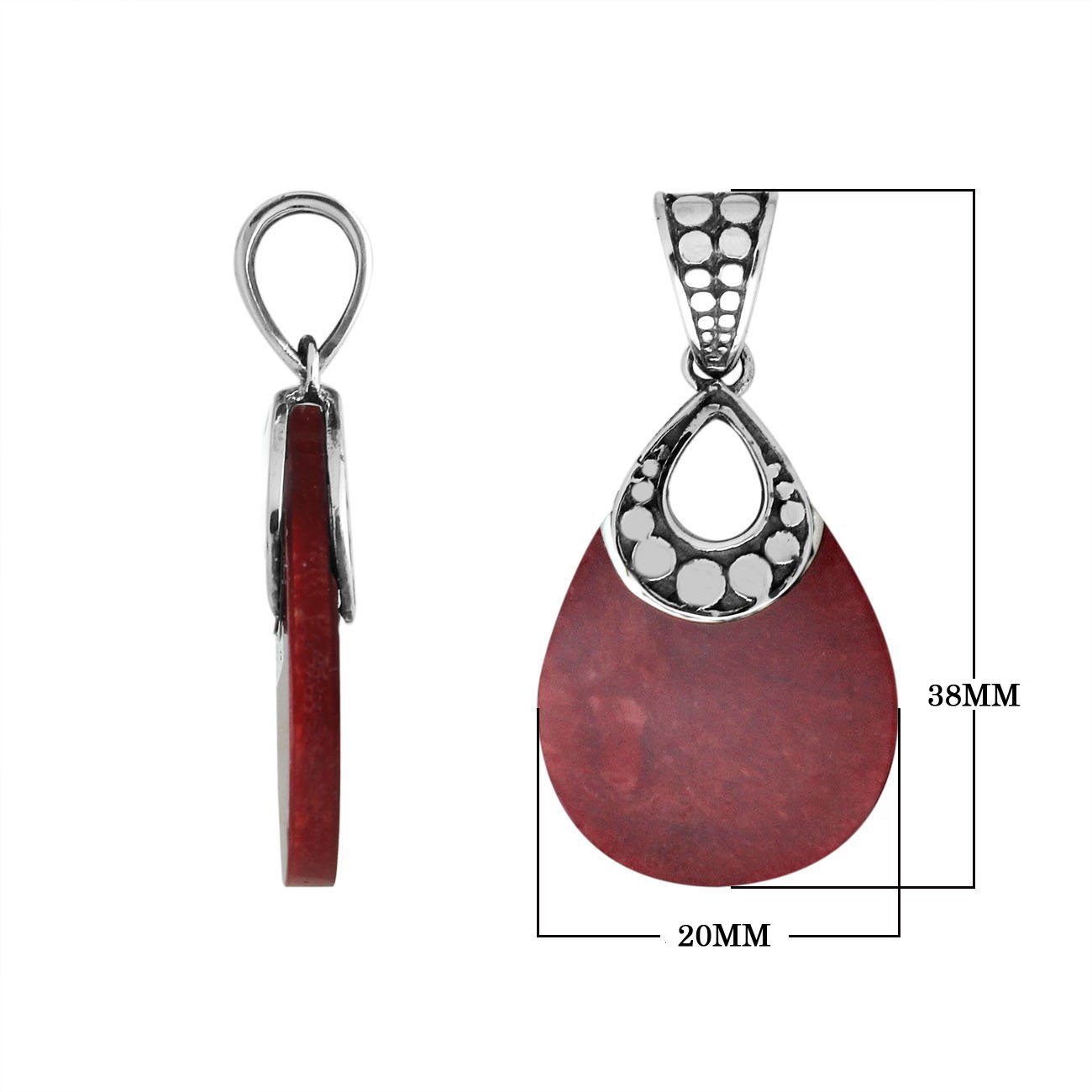 Sterling Silver Pendant With Teardrop Shape Red Coral Stone And Dot Pattern Design
