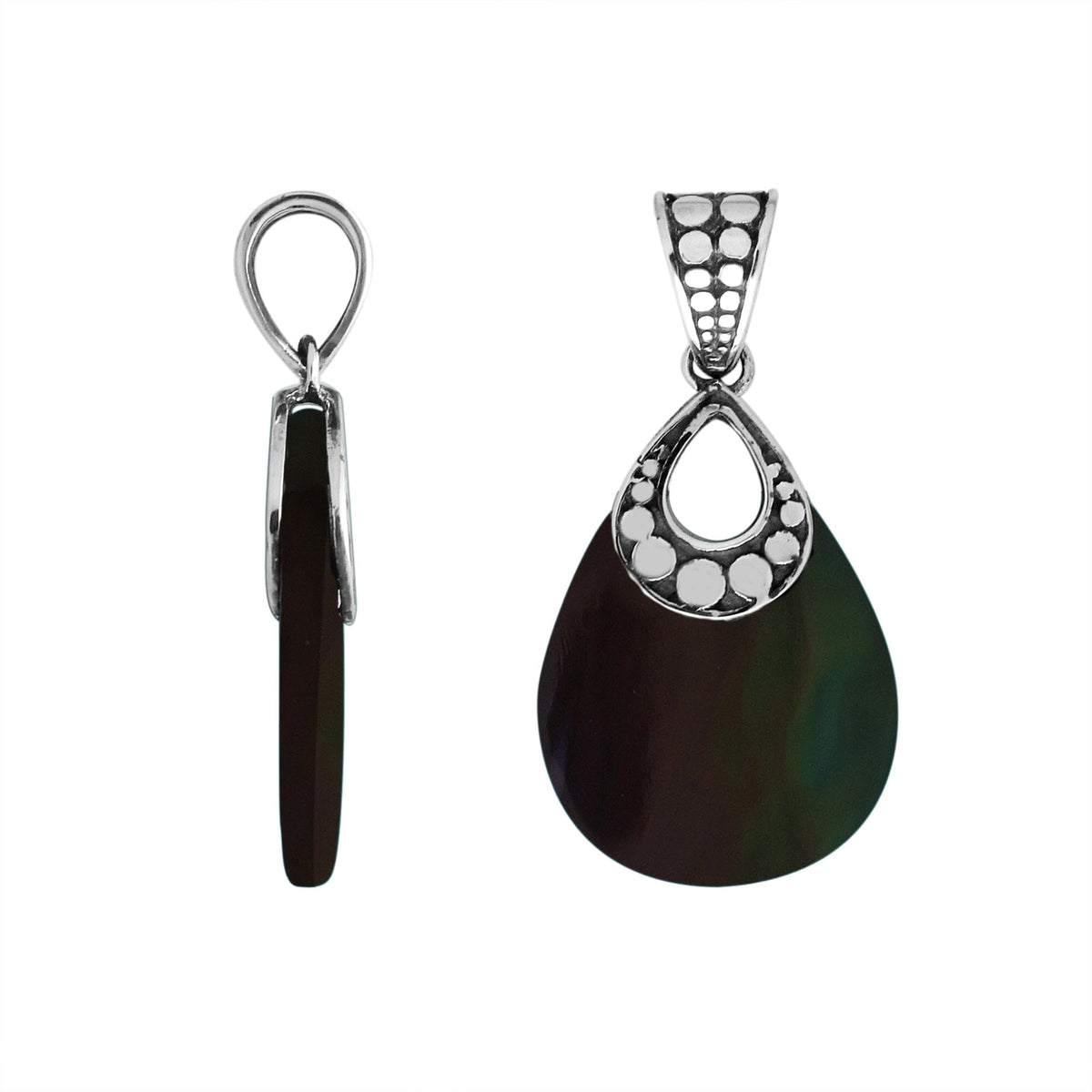 Sterling Silver Pendant With Teardrop Shape Black Shell And Dot Pattern Design