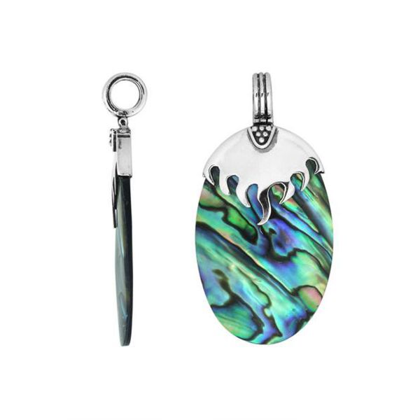 Sterling Silver Pendant With Oval Shape Abalone Shell And Flame Design Top