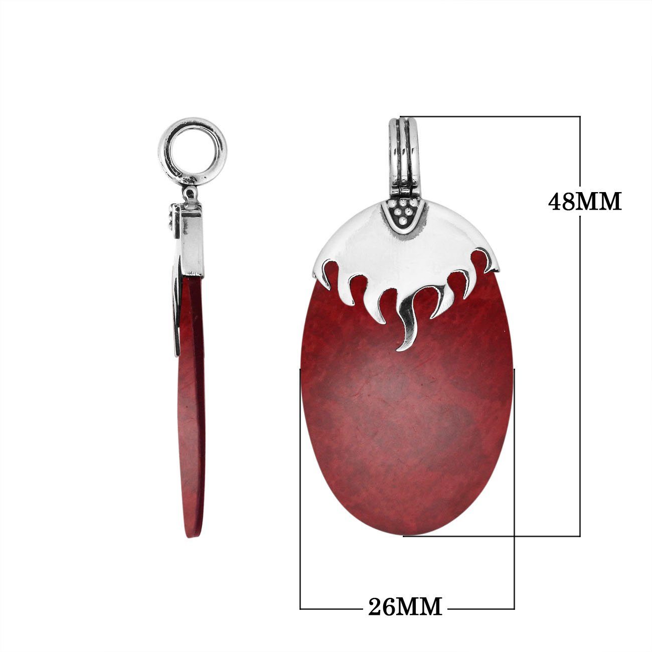 Sterling Silver Pendant With Oval Shape Red Coral And Flame Design Top