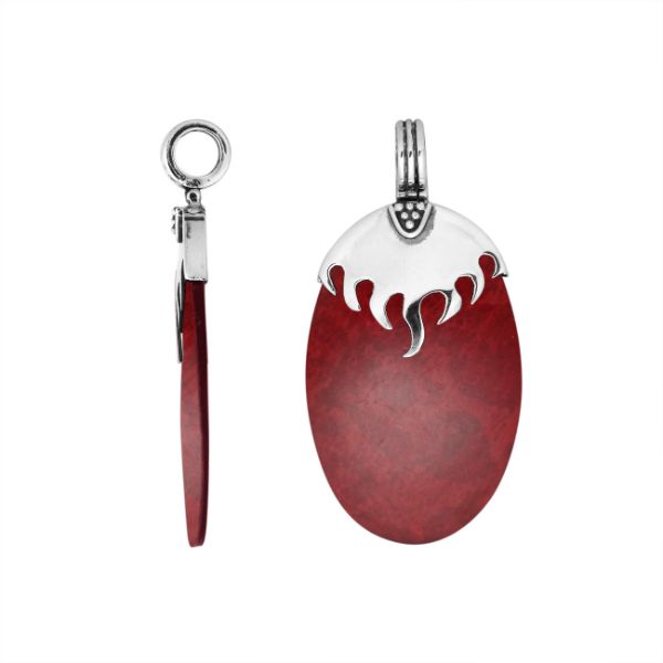 Sterling Silver Pendant With Oval Shape Red Coral And Flame Design Top