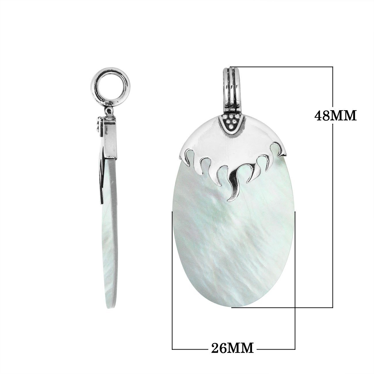 Sterling Silver Pendant With Oval Shape Mother Of Pearl And Flame Design Top