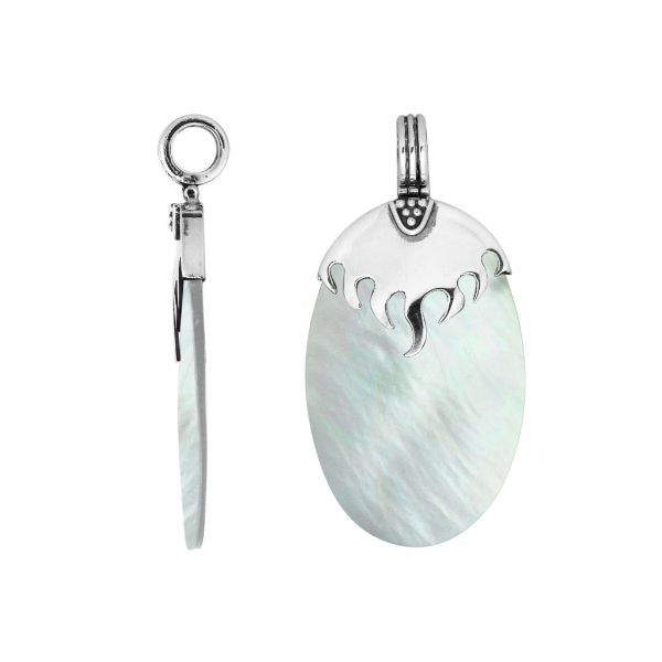 Sterling Silver Pendant With Oval Shape Mother Of Pearl And Flame Design Top