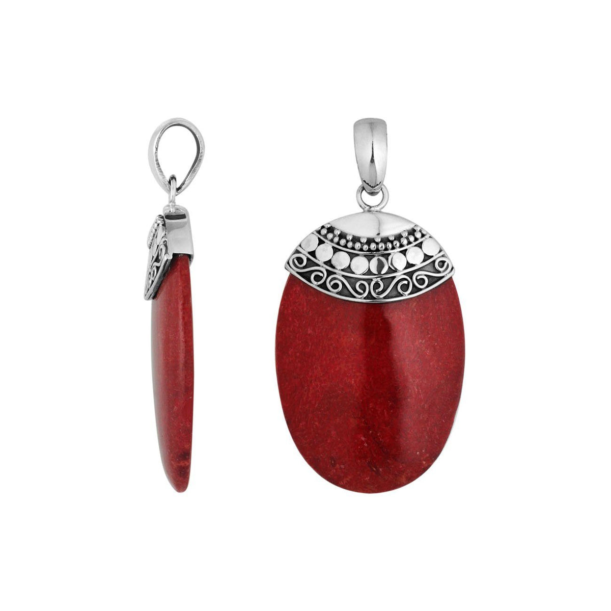 Handcrafted 925 Silver Oval Pendant With Red Coral And Intricate Filigree Design For Women