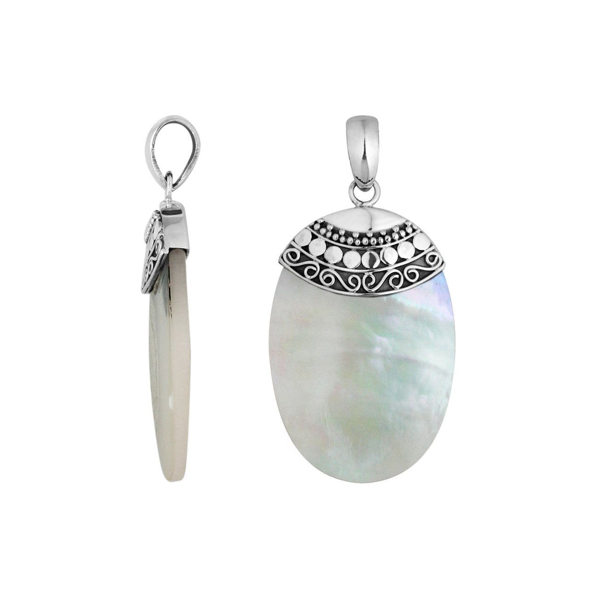 Handcrafted 925 Silver Oval Pendant With Mother Of Pearl And Intricate Filigree Design For Women