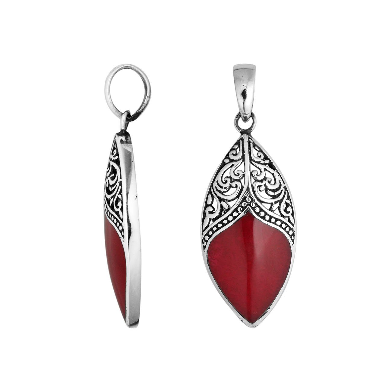 Silver Overlay Artistic Marquise Pendant Featuring Red Coral Accent