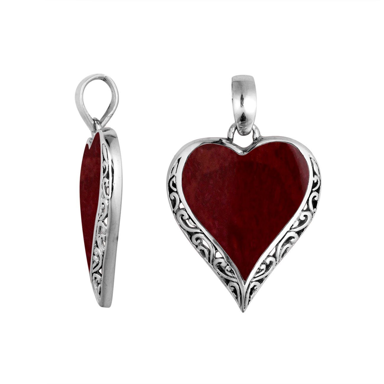 925 Sterling Silver Artistic Heart Pendant Featuring Red Coral