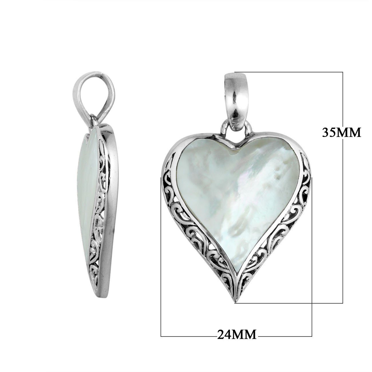 925 Sterling Silver Artistic Heart Pendant Featuring Mother Of Pearl