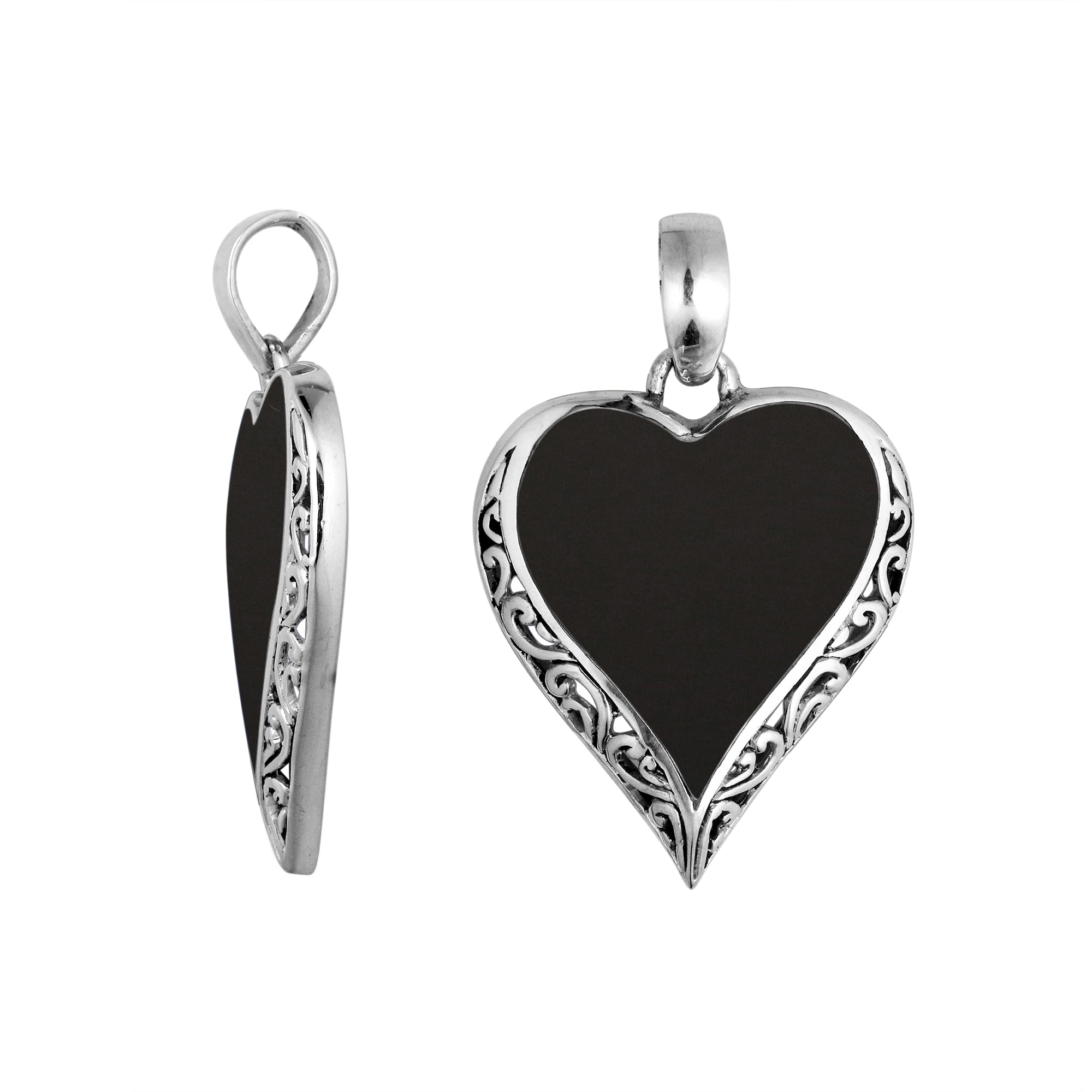 925 Sterling Silver Artistic Heart Pendant Featuring Black Shell