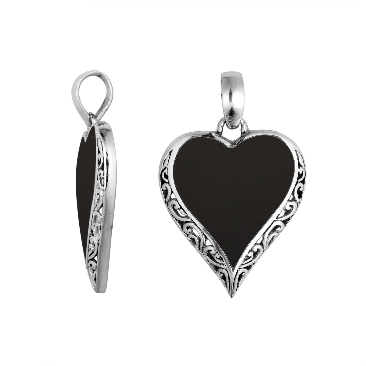 925 Sterling Silver Artistic Heart Pendant Featuring Black Shell