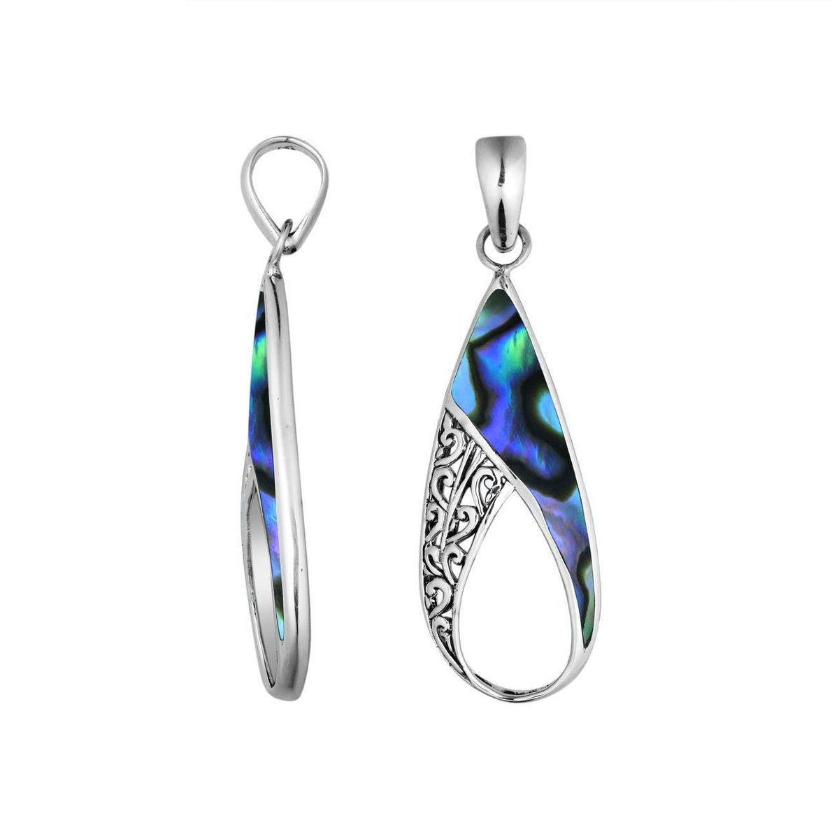 925 Sterling Silver Artistic Open Teardrop Pendant Featuring Abalone Shell