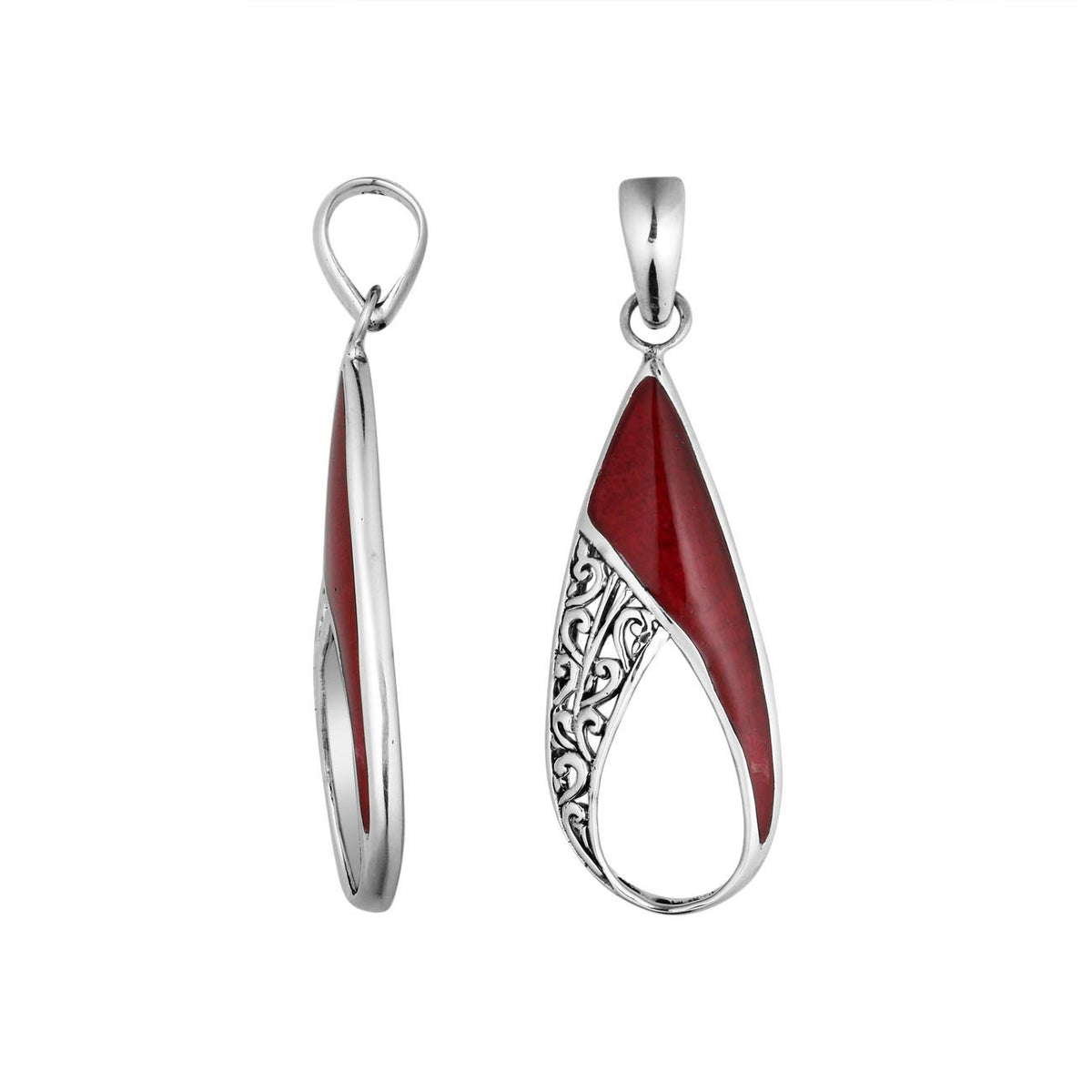 925 Sterling Silver Artistic Open Teardrop Pendant Featuring Red Coral