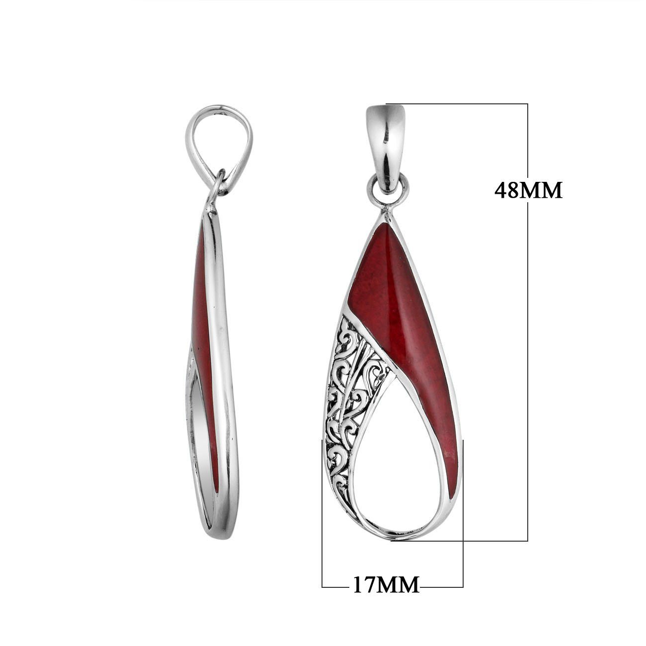 925 Sterling Silver Artistic Open Teardrop Pendant Featuring Red Coral