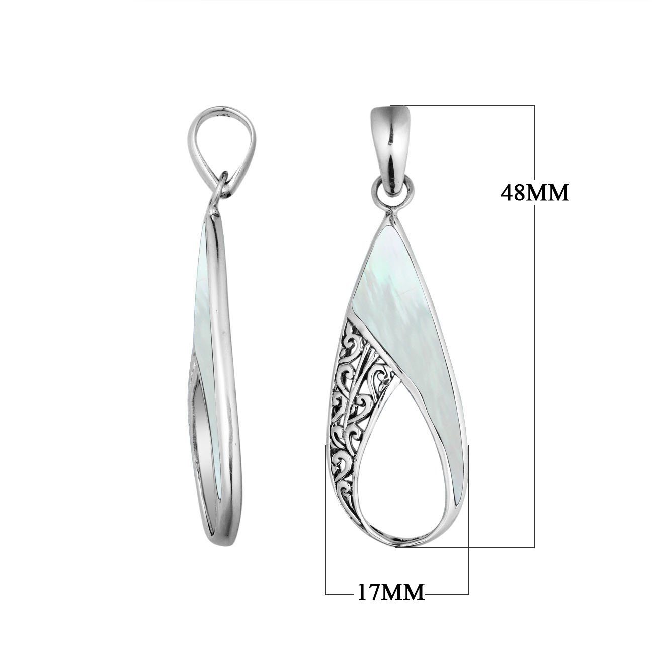 925 Sterling Silver Artistic Open Teardrop Pendant Featuring Mother Of Pearl