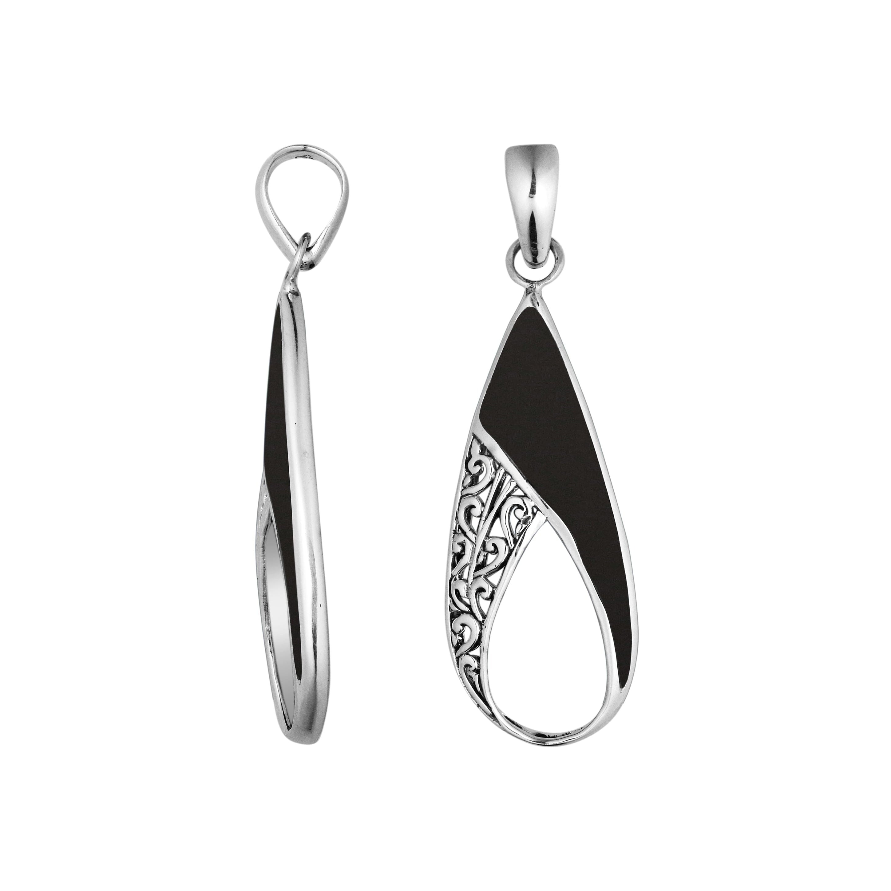 925 Sterling Silver Artistic Open Teardrop Pendant Featuring Black Shell