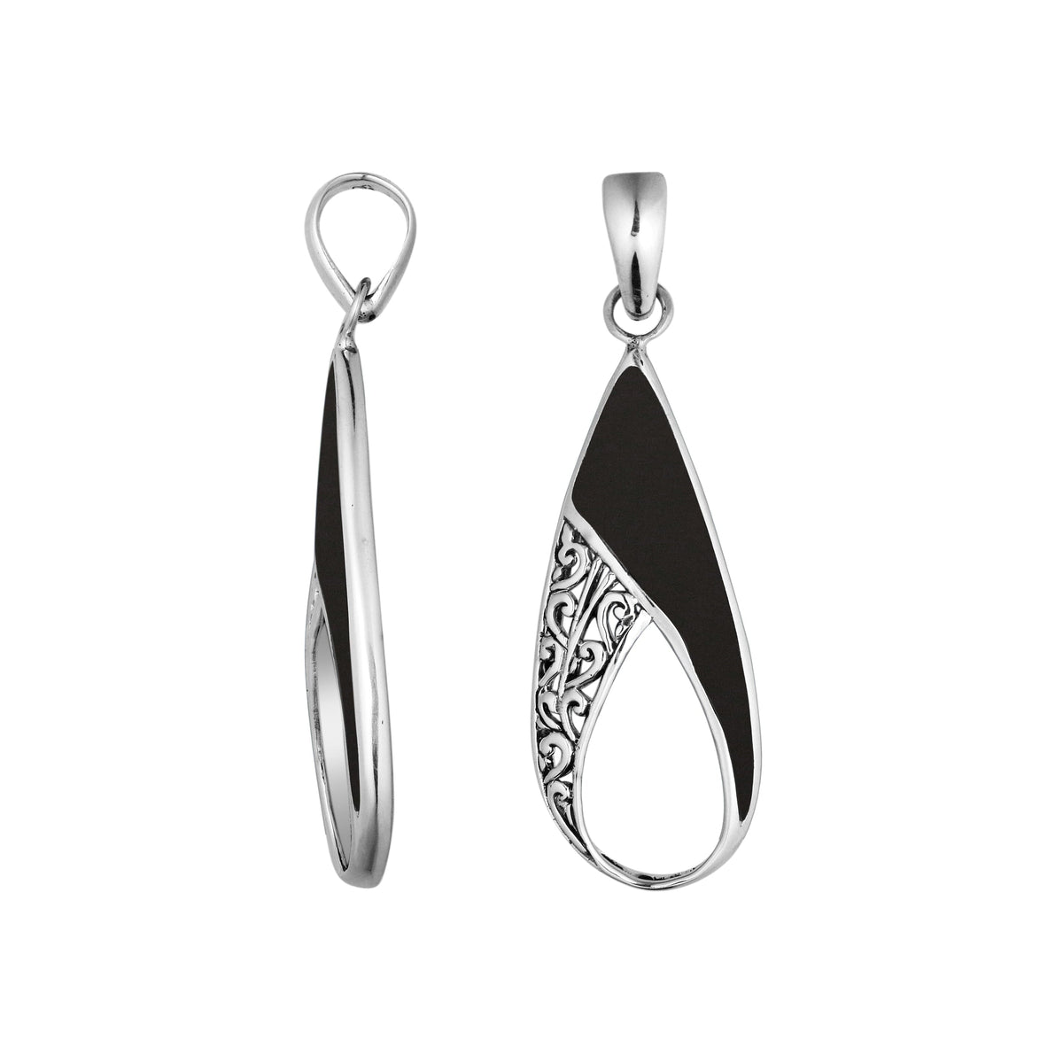 925 Sterling Silver Artistic Open Teardrop Pendant Featuring Black Shell
