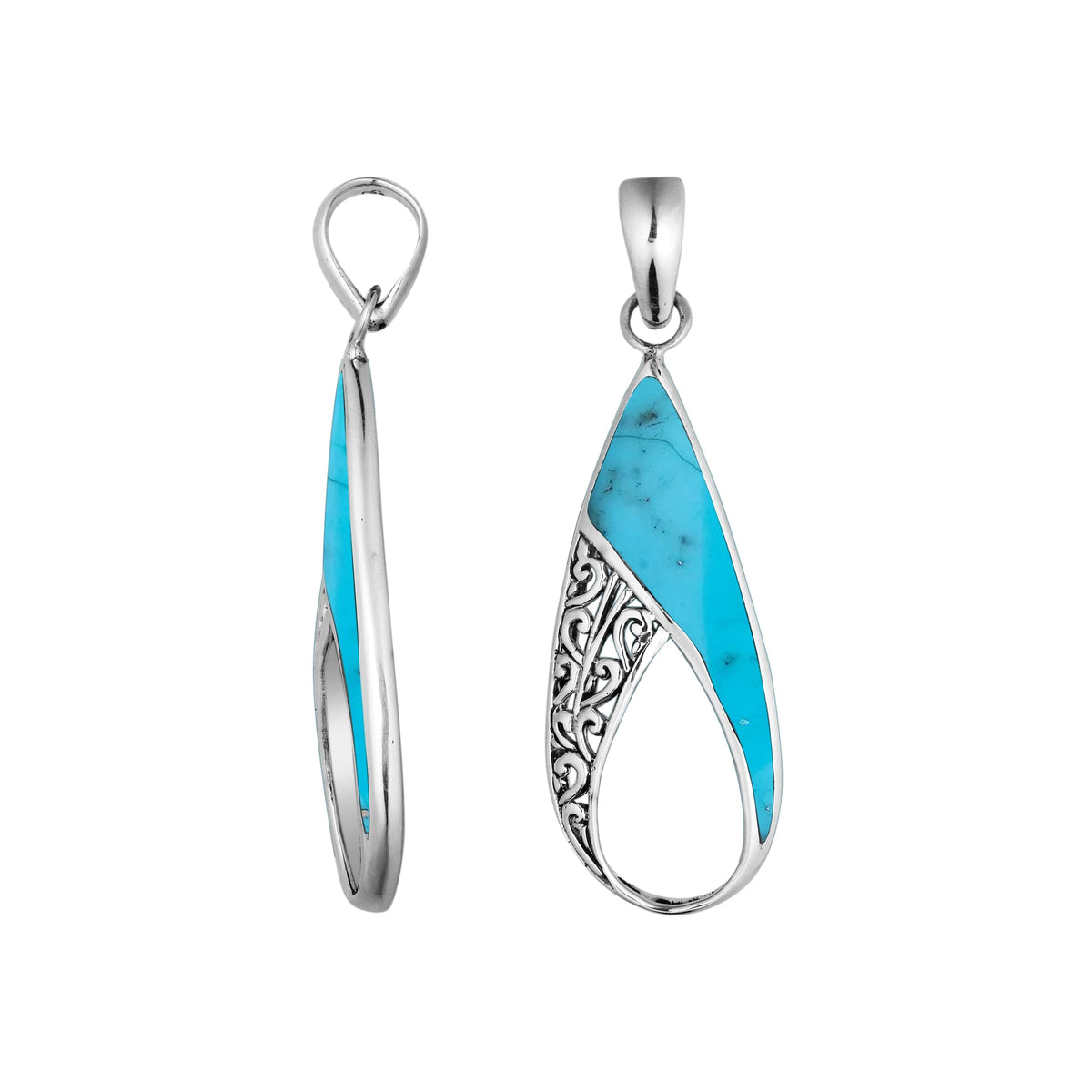 925 Sterling Silver Artistic Open Teardrop Pendant Featuring Turquoise Shell