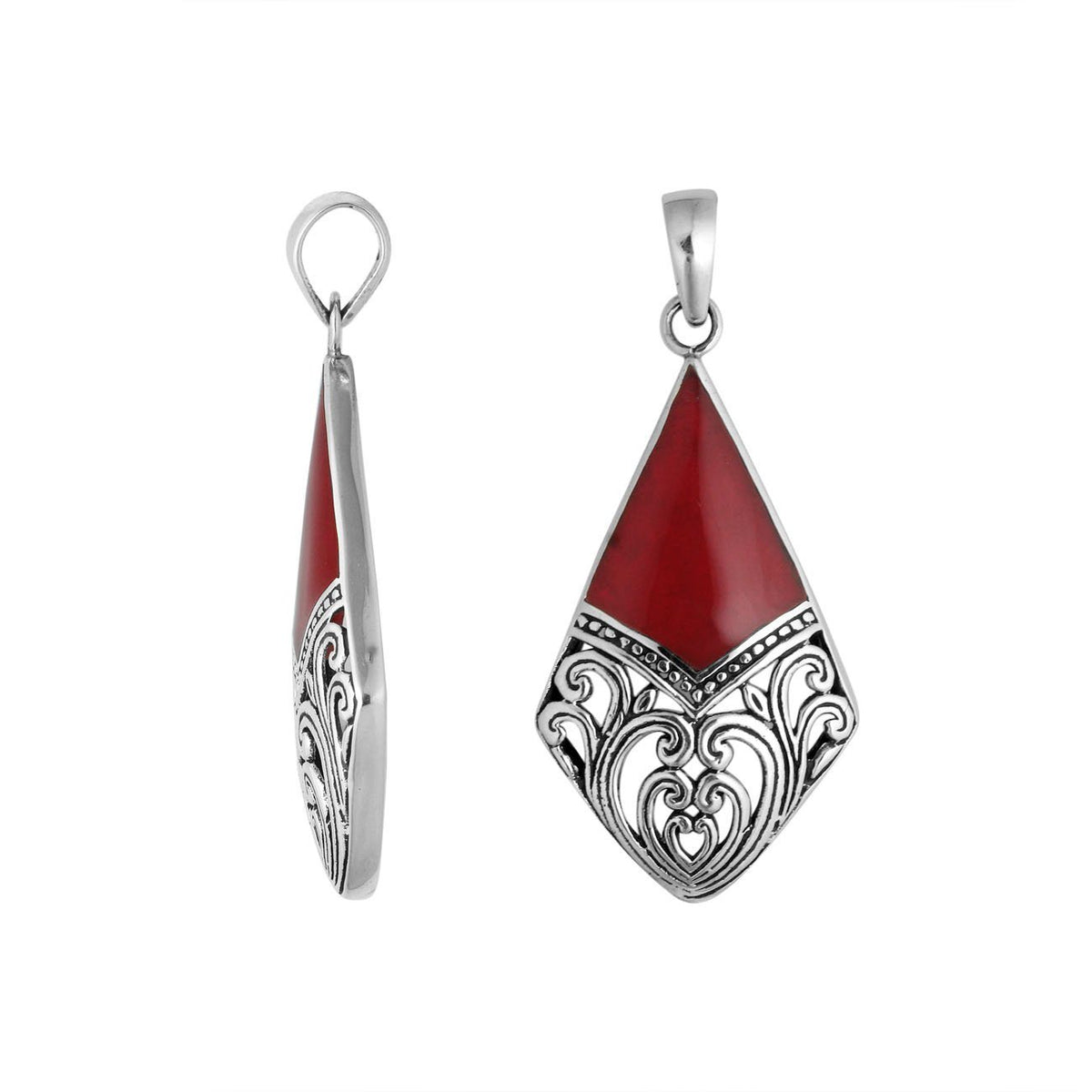 925 Sterling Silver Artistic Diamond Pendant Featuring Red Coral