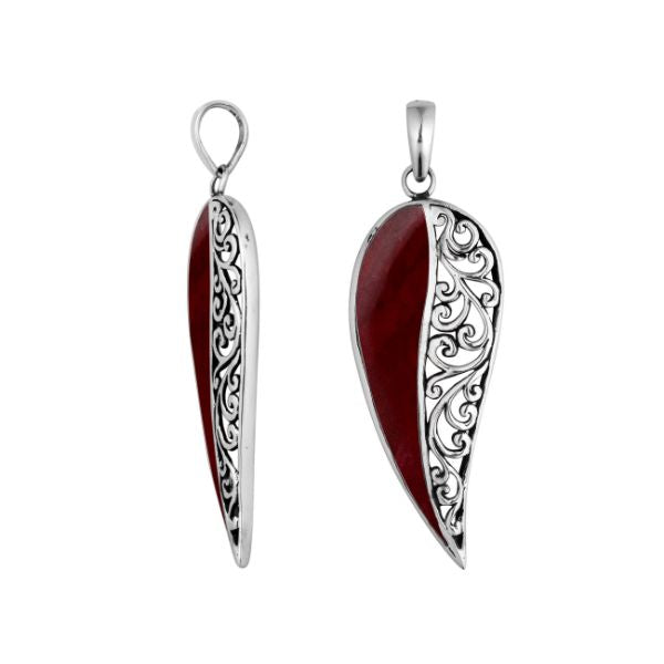 925 Sterling Silver Artistic Wing Pendant Featuring Red Coral