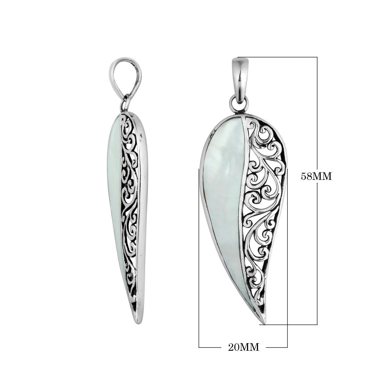 Sterling silver long leaf pendant with luminous mother of pearl and detailed Balinese filigree